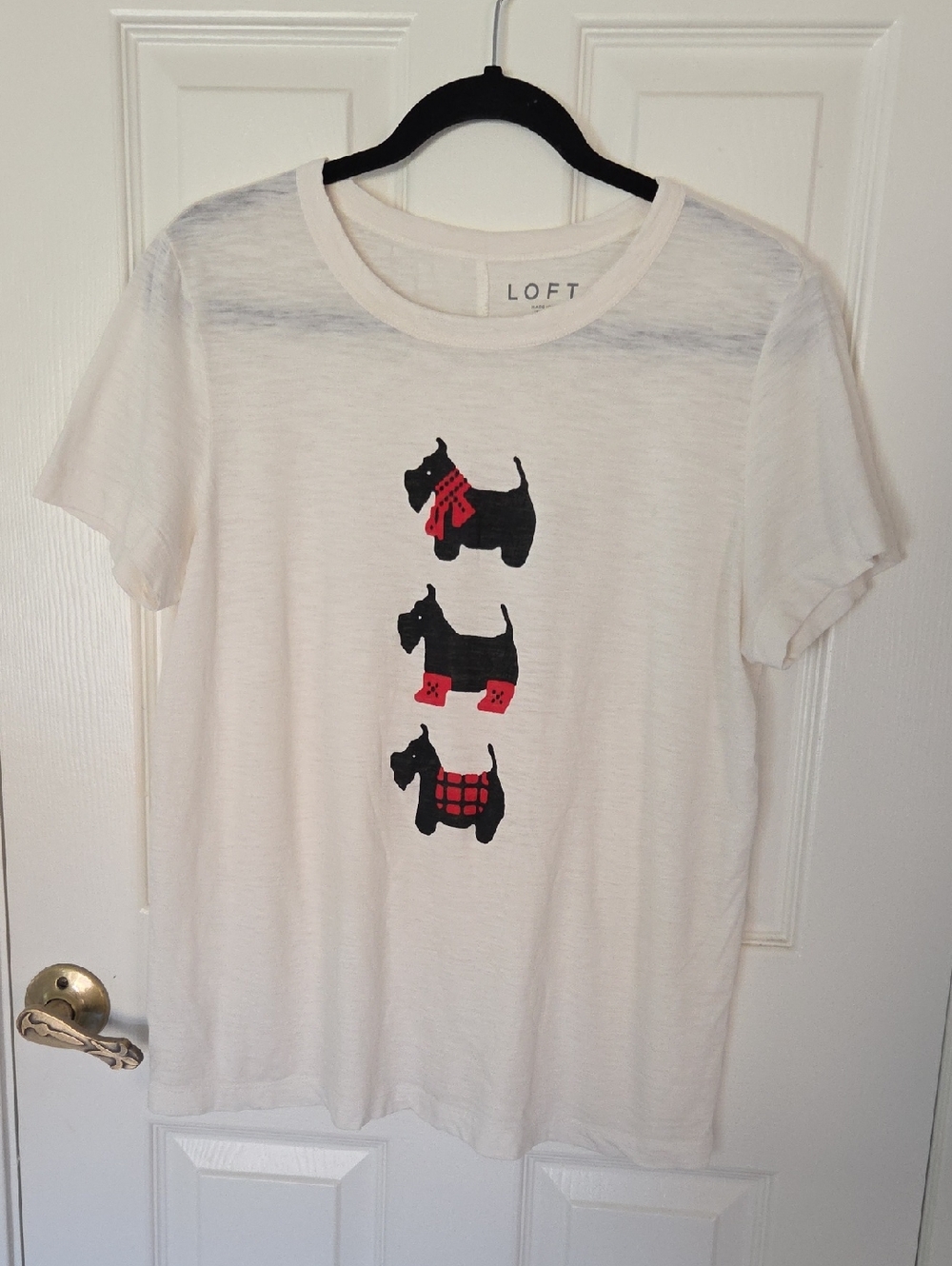 LOFT White Tee with Black Scottie Dog Trio and Red Accents